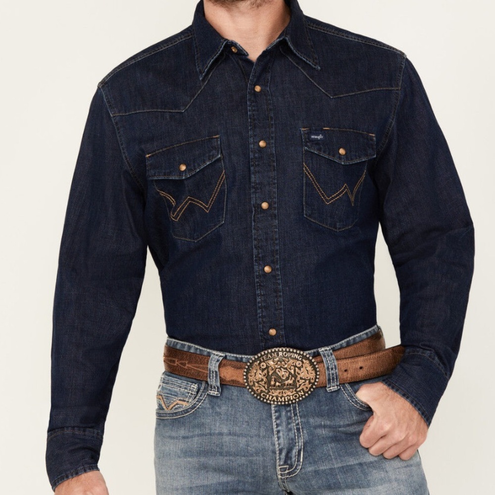 WRANGLER MEN'S MEDIUM WASH DENIM LONG SLEEVE SNAP WESTERN SHIRT NWOT - L